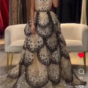 Elegant Black and Cream Sequin Evening Gown